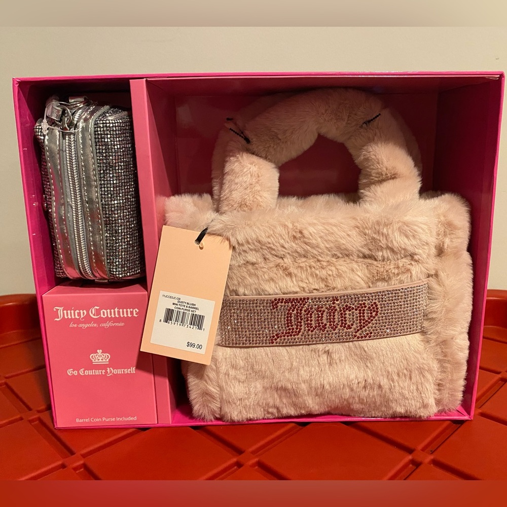 BNIB Juicy Couture Fluffy Tote and Barrel Coin Purse Gift Box